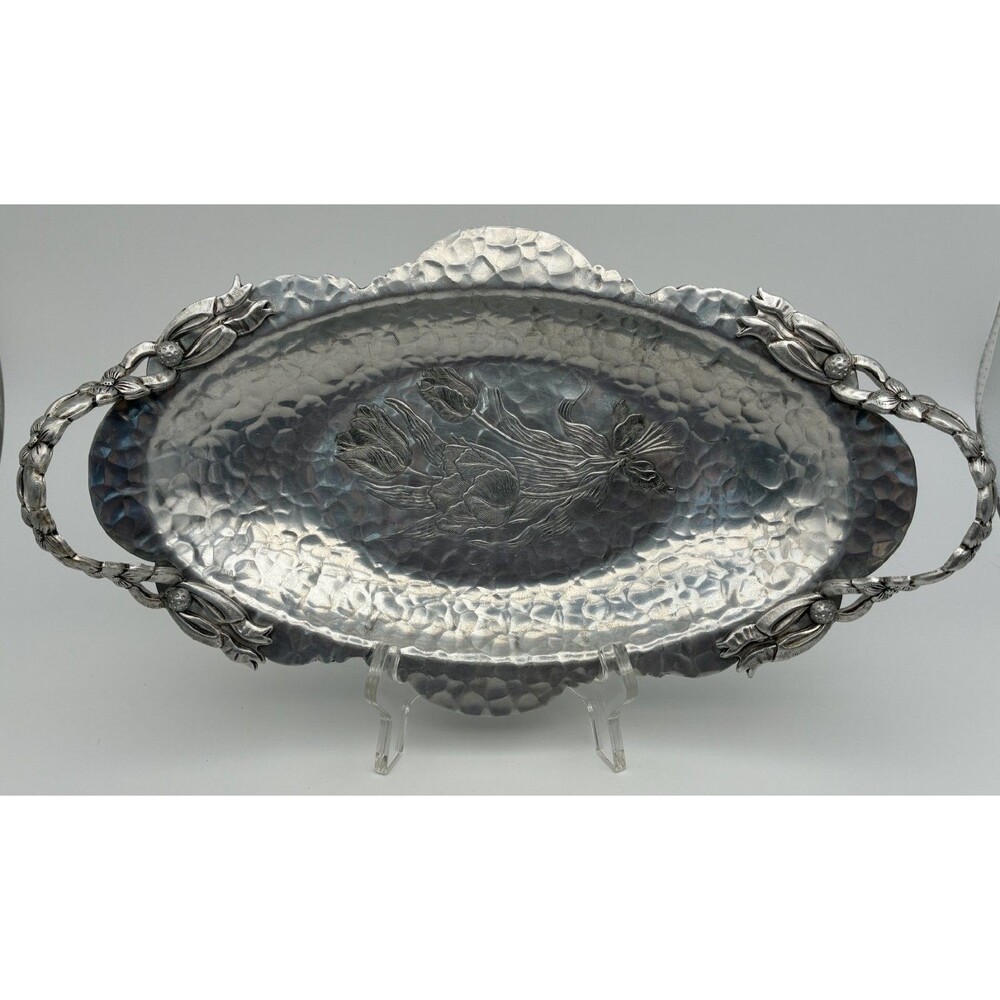 Vintage Rodney Kent Hand Wrought Hammered Aluminum TULIP Oval Tray w Handles 14"